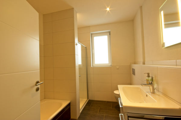 Bathroom with care products and towels in Rheinfelden BONNYSTAY