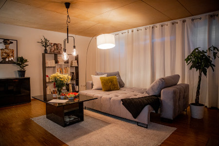 Large living room with sofa bed, 55-inch HDTV, books, toys, board games